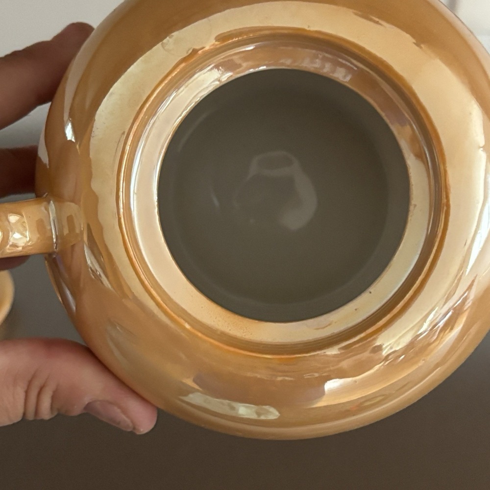 Vintage Orange Yellow Gold Luster ware Iridescent Teapot And Sugar Made In Japan - Picture 9 of 16